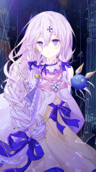 Rule 34 | 1girl, arcaea, bare shoulders, bow, braid, charon (arcaea), collar, cowboy shot, dress, expressionless, hair between eyes, hair ornament, harunaharuka, highres, jacket, lagrange (arcaea), long hair, monocle, purple bow, purple eyes, purple hair, sidelocks, single braid, solo, twintails, white jacket, yellow dress