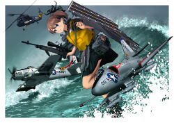 Rule 34 | 1girl, a-1 skyraider, a-4 skyhawk, absurdres, aircraft, aircraft request, airplane, apron, black skirt, blue eyes, bolt action, brown hair, fighter jet, flight deck, gun, helicopter, highres, intrepid (kancolle), kantai collection, m1903 springfield, military vehicle, miniskirt, ocean, original remodel (kantai collection), ponytail, propeller fighter, rifle, rigging, short hair, skirt, solo, timmyyen, vietnam war, weapon