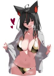 1girl absurdres ahoge alternate_costume animal_ear_fluff animal_ear_piercing animal_ears averting_eyes bikini black_hair blush braid breasts cleavage clothes_pull collarbone commentary_request cropped_legs drawstring fingernails fox_ears fox_girl gold_bikini golden_week golden_week_bikini groin hair_between_eyes heart highres hololive hood hooded_jacket jacket kurokami_fubuki large_breasts long_hair long_sleeves multicolored_hair namekonnn navel open_clothes open_jacket red_eyes red_hair side_braid sidelocks simple_background single_braid skindentation smile solo steaming_body stomach streaked_hair swimsuit thigh_gap virtual_youtuber white_background