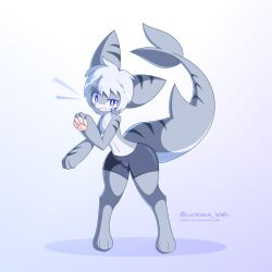 1boy animal_hands black_shorts blue_background blue_eyes blush blush_stickers bulge changed colored_skin digitigrade fang fins fish_tail flustered furaffinity_username furrification furry furry_male grey_skin highres large_ears large_tail lin_(changed) lumi_of_the_stars narrow_waist open_mouth pants paw_pose pawpads shark shark_tail short_hair shorts simple_background skin_fang tail thick_thighs thighs tiger_shark tiger_shark_(changed) tiger_stripes tight_clothes tight_pants topless_male transformation watermark white_hair