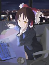 Rule 34 | 1girl, ashtray, black jacket, black skirt, blurry, blurry background, blush, bow, brown hair, chair, cigarette, city, closed mouth, commentary request, computer, cookie (touhou), cowboy shot, desk lamp, expressionless, frilled bow, frilled hair tubes, frills, hair bow, hair tubes, hakurei reimu, hand on own cheek, hand on own face, highres, holding, holding cigarette, indoors, jacket, lamp, laptop, looking at viewer, night, office, office chair, office lady, pencil skirt, red bow, sananana (cookie), screen light, shirt, short hair, skirt, smoke, smoking, solo, swivel chair, table, touhou, white shirt, whiterolo, yellow eyes