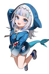 1girl animal_hood arm_behind_head blue_eyes blue_hair blue_hoodie blunt_bangs enju_clerith fins fish_tail full_body gawr_gura grey_hair grey_shoes highres hololive hololive_english hood hood_up hoodie long_hair looking_at_viewer multicolored_hair open_mouth shark_girl shark_hood shark_tail sharp_teeth shoes smile solo streaked_hair tail teeth virtual_youtuber white_background