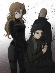 1girl 2boys bald black_hair bodysuit brown_hair cellphone coat gun handgun kiryuu_moeka long_hair multiple_boys okabe_rintarou phone short_hair soukuu_kizuna steins;gate tennoji_yugo tennouji_yuugo weapon