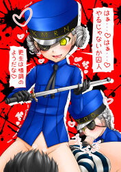 1boy 2girls akanako amamiya_ren baton_(weapon) black_hair bottomless braid caroline_(persona_5) commentary_request cum cum_in_mouth cunnilingus double_bun erection eyepatch fellatio femdom ffm_threesome flat_chest gloves grey_hair group_sex hair_bun hat highres justine_(persona_5) kepi loli long_hair military_hat multiple_girls oral penis persona persona_5 sitting sitting_on_face sitting_on_person smile threesome tongue tongue_out translation_request variant_set weapon yellow_eyes