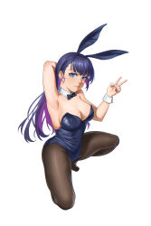 1girl absurdres animal_ear_hairband animal_ears black_bow black_bowtie black_hair black_leotard blue_eyes bow bowtie breasts colored_inner_hair detached_collar fake_animal_ears hairband highres large_breasts leotard multicolored_hair original pantyhose playboy_bunny purple_hair rabbit_ears rywy2524 simple_background solo strapless strapless_leotard v white_background wrist_cuffs