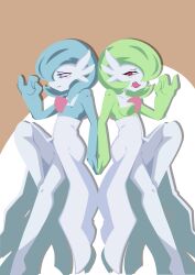 2girls absurdres alternate_color alternate_eye_color bags_under_eyes blue_hair blue_skin blush bob_cut breasts brown_background closed_mouth collarbone colored_skin drooling drop_shadow embarrassed fellatio_gesture female_focus flat_chest gardevoir gen_3_pokemon green_hair green_skin hair_over_one_eye half-closed_eyes hand_up happy highres holding_hands leg_up legs light_blush looking_at_viewer mikesi_quan multicolored_skin multiple_girls nintendo no_lineart one_eye_covered open_mouth pokemon pokemon_(creature) purple_eyes raised_eyebrows red_eyes saliva shiny_and_normal shiny_pokemon short_hair simple_background small_breasts smile standing standing_on_one_leg symmetry two-tone_background two-tone_skin wavy_mouth white_skin