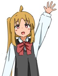 absurdres blonde_hair blush bocchi_the_rock! bow bowtie dress highres ijichi_nijika kendama_club pinafore_dress red_bow red_bowtie red_eyes school_uniform sleeveless sleeveless_dress smile waving
