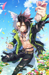 1boy animal_ears arm_up behemoth_(megido72) belt black_hair chiyo_(195815) choker cloud facial_mark field flower flower_field fur-trimmed_jacket fur_trim grin highres holding jacket long_hair looking_at_viewer male_focus megido72 multicolored_hair multiple_belts navel o-ring open_clothes open_jacket outdoors pants purple_nails seed shark_fin smile solo split-color_hair stomach_tattoo tail tattoo torn_clothes torn_pants wolf_ears wolf_tail yellow_eyes