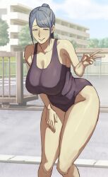 1girl blue_hair breasts cleavage grey_eyes hand_on_own_thigh highres large_breasts leaning_forward lips long_hair mature_female one-piece_swimsuit original outdoors ponytail purple_one-piece_swimsuit smile solo standing swimsuit tyottobsen v wide_hips