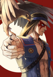 Rule 34 | 1boy, animal on arm, bird, bird on arm, black hair, blue eyes, blue headband, blue jacket, facepaint, from side, frown, hawk, headband, highres, jacket, jewelry, long hair, looking ahead, male focus, mortal kombat (series), necklace, nightwolf, no shirt, ring, seacobalt, sleeveless, sleeveless jacket, solo, toned, toned male, upper body