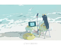 1girl beach beach_chair bird black_hair bow_hairband chair chinese_commentary commentary_request crt day deck_chair devotion dress du_meishin facing_away flower folding_chair hairband highres hugging_own_legs innertube kitakawayui letterboxed long_hair long_sleeves microphone_stand no_lineart ocean outdoors scenery shadow shirt shore sitting solo straight_hair striped_tablecloth swim_ring table tablecloth television thighhighs tulip watching_television watermark weibo_watermark white_bird white_shirt white_thighhighs wide_shot yellow_dress yellow_flower yellow_hairband yellow_innertube yellow_tulip
