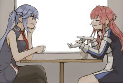2girls azur_lane black_pantyhose closed_eyes crossed_legs cup drinking_glass essex_(azur_lane) fingerless_gloves from_side gloves holding holding_cup missed_timing multiple_girls necktie pantyhose parted_lips pink_hair princeton_(azur_lane) purple_hair red_necktie sitting smile table talking twintails white_gloves yellow_eyes