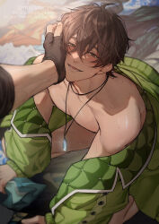 2boys adversarial_noise ahoge alternate_costume bare_legs bare_shoulders black_gloves blush brown_eyes brown_hair collarbone crystal crystal_necklace eiden_(nu_carnival) fingerless_gloves gloves green_jacket hair_between_eyes hand_on_another&#039;s_cheek hand_on_another&#039;s_face highres jacket jewelry kneeling looking_at_viewer male_focus miyamoyan multiple_boys naked_jacket necklace nipples nu_carnival off_shoulder on_bed open_clothes open_jacket open_mouth out_of_frame pectorals pov pov_hands quincy_(nu_carnival) short_hair smile solo_focus sweat twitter_username watermark yaoi