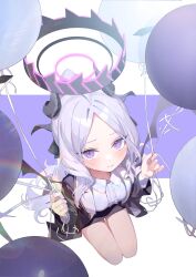 Rule 34 | 1girl, absurdres, ahoge, amejaga, balloon, black halo, black jacket, black skirt, blazer, blue archive, blush, collared shirt, commentary request, demon girl, demon horns, demon wings, dual wielding, forehead, from above, halo, highres, hina (blue archive), holding, holding balloon, horns, jacket, long hair, long sleeves, looking at viewer, looking up, official alternate costume, open clothes, open jacket, parted bangs, pencil skirt, seiza, shirt, sidelocks, simple background, sitting, skirt, solo, two-tone background, wavy hair, white shirt, wings
