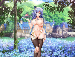 1girl 504_gateway animal_ears ass bad_id bad_pixiv_id black_pantyhose blue_flower blue_hair blue_sky breasts brown_eyes building cake cake_slice character_request cleavage copyright_request day derivative_work dock flower food forget-me-not_(flower) hair_between_eyes highres hill holding holding_tray large_breasts long_hair navel official_art original outdoors panties pantyhose scenery sky smile standing torn torn_clothes torn_legwear tray tree underwear waitress water wrist_cuffs