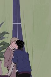 Rule 34 | 2boys, arm support, arm up, belt, black hair, black necktie, black pants, blonde hair, blue shirt, blush, brown belt, brown coat, buttons, casual, clothes grab, coat, collared shirt, commentary request, curtains, ddiu0, eren yeager, hair bun, highres, imminent kiss, layered clothes, layered sleeves, long sleeves, looking at another, male focus, multiple boys, necktie, necktie grab, neckwear grab, open clothes, open coat, pants, plant, potted plant, reiner braun, shingeki no kyojin, shirt, short hair, short over long sleeves, short sleeves, single hair bun, vase, white shirt, window, yaoi