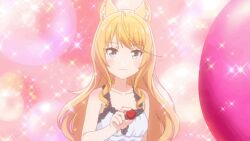 1girl animal_ear_fluff animal_ears animated animated_gif anime_screenshot blush cat_ears cat_girl feeding food fruit green_eyes holding holding_food holding_fruit incoming_food long_hair lowres maple_(nekopara) nekopara nekopara_anime orange_hair pink_background solo sparkle sparkle_background strawberry tagme