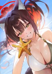 1girl absurdres alternate_costume alternate_hairstyle animal_ear_fluff animal_ears bikini black_bikini blue_archive blush breasts brown_hair cleavage daehoak fox_ears fox_girl halo highres large_breasts light_particles long_hair looking_at_viewer red_hair red_halo smile solo starfish swimsuit wakamo_(blue_archive) white_bikini yellow_eyes