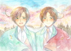 2boys ahoge axis_powers_hetalia blue_sky blush brothers brown_eyes brown_hair closed_mouth cloud cloudy_sky collared_shirt commentary_request dated european_architecture evening formal_clothes gradient_sky green_eyes green_jacket hair_between_eyes italian_flag jacket lapels long_sleeves looking_at_viewer male_focus multiple_boys necktie northern_italy_(hetalia) open_clothes open_jacket open_mouth orange_vest outdoors petals pine_tree red_necktie shirt short_hair siblings sky smile sorano9 southern_italy_(hetalia) suit suit_jacket tree twins upper_body vest white_shirt yellow_sky