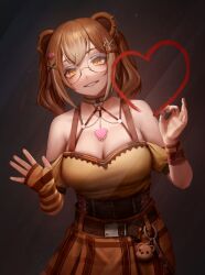 1girl absurdres animal_ears bare_shoulders bear_ears bear_girl belt black_background bracelet breasts brown_belt brown_choker brown_corset brown_hair brown_nails brown_skirt charm_(object) choker cleavage collarbone commission corset cosmetics cowboy_shot drawn_heart ear_piercing elbow_gloves eyelashes eyeshadow fingerless_gloves glasses gloves hair_ornament hands_up hashtag-only_commentary heart heart_hair_ornament heart_ornament highres indie_virtual_youtuber jewelry large_breasts light_particles lipstick_tube looking_at_viewer makeup medium_hair numanoan parted_lips piercing semi-rimless_eyewear shirt sidelocks single_elbow_glove single_glove skirt smile solo striped_clothes striped_gloves teddi_sundae twintails virtual_youtuber x_hair_ornament yellow_eyes yellow_gloves yellow_shirt