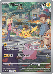 Rule 34 | artist name, bird, black shoes, blastoise, blonde hair, blue hoodie, blue pants, brown eyes, brown hair, butterfree, card (medium), caterpie, chair, character name, closed mouth, company name, copyright name, copyright notice, dark-skinned male, dark skin, dust, english text, eyewear on head, flower, flying, gen 1 pokemon, gengar, grey hair, grey shorts, growlithe, hood, hood down, hoodie, in tree, jigglypuff, leaf, medium hair, mr. mime, multiple boys, multiple girls, nidoran, nidoran (female), nidoran (male), nintendo, official art, open mouth, orange shoes, pants, pidgey, pikachu, pink shirt, poke ball print, pokemon, pokemon (creature), pokemon card, pokemon tcg, psyduck, red-framed eyewear, road, shirt, shoes, short hair, short sleeves, shorts, slowpoke, smile, standing, street, sunglasses, teeth, third-party source, trading card, tree, umbrella, yamamoto hiroyuki