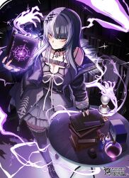 1girl absurdres antique_radio badteenosgt belt black_belt black_boots black_choker black_coat black_dress black_hair black_nails black_thighhighs book book_stack bookmark bookshelf boots breasts chest_belt choker cleavage closed_mouth coat commentary dress english_commentary fur-trimmed_coat fur_trim grey_hair hair_ornament hexagram highres holding holding_book hololive hololive_english indoors inkwell kerosene_lamp lace-up_boots large_breasts long_hair looking_at_viewer multicolored_hair nail_polish off_shoulder open_book open_clothes open_coat pendant_choker shiori_novella shiori_novella_(1st_costume) sleeveless sleeveless_dress sleeves_past_wrists smile solo split-color_hair standing table thighhighs twitter_username two-tone_hair very_long_fingernails vial virtual_youtuber yellow_eyes yorick_(shiori_novella)
