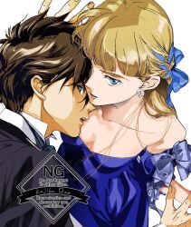 1boy 1girl artist_name black_jacket black_necktie blonde_hair blue_dress blue_eyes blue_ribbon blunt_bangs breasts brown_hair cleavage collarbone commentary_request couple dress earrings flower_earrings gundam gundam_wing hair_between_eyes hair_ribbon heero_yuy hetero jacket jewelry kajikaono long_hair medium_breasts necktie off-shoulder_dress off_shoulder official_alternate_costume parted_lips relena_peacecraft ribbon shirt short_hair straight_hair suit_jacket upper_body watermark watermark_grid white_background white_shirt