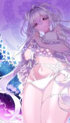 1girl ahoge bikini breasts closed_mouth commentary_request fate/grand_order fate_(series) hair_between_eyes hair_intakes highres holding holding_umbrella lady_avalon_(fate) lady_avalon_(second_ascension)_(fate) large_breasts long_hair merlin_(fate/prototype) navel parasol pink_eyes shidare_yanagi smile solo stomach swimsuit thighs twintails umbrella very_long_hair white_bikini white_hair white_umbrella