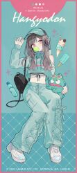 1girl 2023 absurdres akakura artist_name bag baggy_clothes baggy_pants bare_shoulders blowing_bubble_gum bottle brown_hair character_name chewing_gum color_guide commentary_request copyright_name copyright_notice cross-laced_clothes cross-laced_pants food full_body green_hat green_pants green_shirt hangyodon hat headphones highres holding holding_stuffed_toy ice_cream ice_cream_cone long_hair long_sleeves looking_at_viewer navel off_shoulder official_art pants pink_eyes popsicle ramune sanrio shirt shoes sitting solo stuffed_toy turtleneck white_shoes