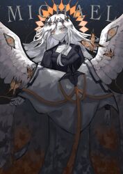 1girl angel angel_wings black_dress bug butterfly dress extra_eyes galaxaidy highres insect long_dress looking_at_viewer michael_(crrn) orange_eyes original solo white_dress wings