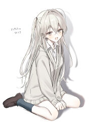 Rule 34 | 1girl, :d, absurdres, ahoge, blonde hair, brown shoes, cardigan, collar, collared shirt, commentary request, ear piercing, grey socks, hair between eyes, hair intakes, hair tie, hands on ground, highres, kumo tabetai, light blush, long hair, looking at viewer, open collar, open mouth, original, piercing, shirt, shoes, simple background, sitting, sleeves past wrists, smile, socks, solo, spiked ear piercing, translated, wariza, white background, white cardigan, white collar, white shirt