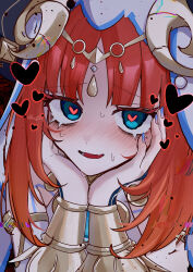 1girl ama_some_(kr0ri) blue_brooch blue_eyes blush commentary_request detached_sleeves genshin_impact hands_on_own_cheeks hands_on_own_face heart heart-shaped_pupils highres looking_at_viewer nilou_(genshin_impact) open_mouth red_hair smile solo sweat symbol-shaped_pupils veil white_sleeves white_veil yandere