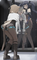 2girls absurdres air_bubble animal_ear_fluff animal_ears bare_shoulders black_boots black_gloves black_hair black_pantyhose blonde_hair blue_leotard boots braid breasts bubble cat_ears cat_girl cat_tail cleavage closed_eyes closed_mouth commentary_request cuffs dolri elbow_gloves facial_mark facing_viewer frilled_leotard frills from_behind genshin_impact gloves green_eyes hands_on_own_knees highres holding holding_breath holding_key key leaning_forward leotard long_hair long_sleeves looking_at_another lynette_(genshin_impact) mona_(genshin_impact) multiple_girls open_mouth pantyhose ponytail reflection shackles small_breasts star_(symbol) star_facial_mark star_tattoo strapless strapless_leotard tail tattoo twintails underwater very_long_hair wet wet_clothes wet_hair wet_tail