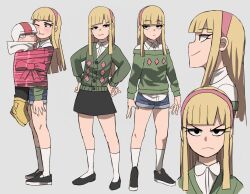 1boy 1girl black_eyes black_footwear black_skirt blonde_hair blue_shorts blunt_bangs blunt_ends blush bound_together bow cardigan closed_mouth green_cardigan green_sweater grey_background hairband hands_on_own_hips highres jitome jourd4n kendall_perkins kick_buttowski kick_buttowski_(character) long_sleeves looking_at_viewer medium_hair multiple_views off-shoulder_sweater off_shoulder one_eye_closed pink_hairband print_cardigan print_sweater ribbon shorts simple_background skirt smile smug socks sweater v-shaped_eyebrows white_socks