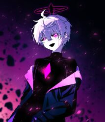 1boy add_(elsword) ahoge black_halo black_jacket black_sclera black_shirt bright_pupils collared_jacket colored_sclera concussion_els covered_collarbone debris elsword gradient_background hair_between_eyes halo heterochromia highres jacket jacket_partially_removed lapels light_particles long_sleeves looking_at_viewer loose_hair_strand male_focus mismatched_pupils notched_lapels open_mouth pale_skin purple_background purple_eyes purple_pupils scar scar_on_face shirt short_hair smile solo turtleneck turtleneck_shirt upper_body white_eyes white_hair white_pupils