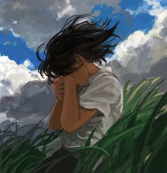 1girl black_hair cloud cloudy_sky day grass highres medium_hair minahamu original outdoors shirt sky solo white_shirt wind