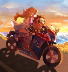 1boy 1girl blonde_hair blue_eyes brown_hair cappy_(mario) coat earrings facial_hair gloves grin highres hug hug_from_behind jacket jewelry mario mario_(series) moon motor_vehicle motorcycle mustache nintendo parody power_moon princess_peach robotech sitting smile sunglasses sunset super_mario_odyssey top_gun water wheel