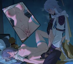1boy 1girl absurdres black_gloves black_pants breasts closed_eyes djinchnizhnsh1 earrings gloves grey_hair hair_between_eyes halo head_wings highres honkai:_star_rail honkai_(series) jacket jewelry long_hair long_sleeves medium_breasts navel pants pussy sex shirt spread_legs stelle_(honkai:_star_rail) stomach sunday_(honkai:_star_rail) trailblazer_(honkai:_star_rail) vaginal white_jacket white_shirt wings yellow_eyes