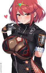 Rule 34 | 1girl, black bodysuit, bodysuit, breasts, cleavage cutout, closed mouth, clothing cutout, cosplay, cross-laced clothes, cross-laced cutout, cross-laced slit, earrings, eve (stellar blade), eve (stellar blade) (cosplay), front zipper, heart, highres, jewelry, keyhole suit (stellar blade), large breasts, looking at viewer, namu (112namu), pyra (xenoblade), red eyes, red hair, short hair, smile, solo, stellar blade, two-tone bodysuit, white background, xenoblade chronicles (series), xenoblade chronicles 2, zipper pull tab