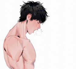 1boy black_hair blush breath chel_(veemeenniee) closed_eyes collarbone male_focus nude open_mouth pectorals profile rukawa_kaede sexually_suggestive short_hair sidepec simple_background slam_dunk_(series) solo upper_body white_background