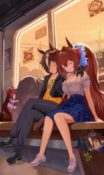 &gt;_&lt; 2girls absurdres akikawa_yayoi_(umamusume) animal_ears arm_around_neck bare_shoulders black_jacket blue_skirt blush bow breasts brown_hair brown_tail character_doll cleavage closed_eyes closed_mouth clothes_writing commentary couple crossed_legs daiwa_scarlet_(umamusume) doll dusk frilled_shirt frilled_sleeves frills full_body garapon grey_pants grey_shirt hair_bow hair_intakes hair_over_one_eye heads_together high-waist_skirt highres horse_ears horse_girl horse_tail jacket large_breasts leaning_on_person leather leather_jacket long_hair long_sleeves magett matikanefukukitaru_(umamusume) multicolored_hair multiple_girls off-shoulder_shirt off_shoulder oguri_cap_(umamusume) open_clothes open_jacket pants plaid_clothes plaid_skirt pole power_lines print_shirt red_bow school_uniform shirt shirt_tucked_in shoes short_sleeves side-by-side sitting skirt smile sneakers streaked_hair t-shirt tail tiara tomboy tracen_school_uniform train_interior twintails two-tone_hair umamusume utility_pole very_long_hair vodka_(umamusume) white_hair window yellow_shirt yuri