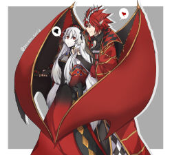 1boy 1girl aluber_(yu-gi-oh!) aluber_the_jester_of_despia blazing_cartesia_the_virtuous blush breasts checkered_clothes cleavage closed_mouth dragon_boy dragon_horns dragon_wings dress duel_monster ecclesia_(yu-gi-oh!) grey_background hand_in_another&#039;s_hair heart holding_another&#039;s_arm horns large_breasts long_hair looking_at_another pointy_ears red_dress red_eyes red_hair simple_background smile speech_bubble spoken_heart the_bystial_aluber twitter_username very_long_hair white_hair wings yoruno_tori3 yu-gi-oh!