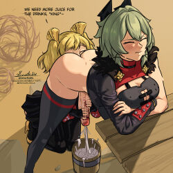 1futa 1girl anilingus blonde_hair bucket burnice_white caesar_king_(zenless_zone_zero) closed_eyes closed_mouth doktor_malefic english_text femdom futanari futasub green_hair handjob highres milking milking_handjob penis zenless_zone_zero