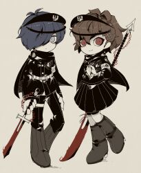 Rule 34 | 1boy, 1girl, absurdres, akesenyou, alternate costume, armband, black boots, black cape, black pants, black serafuku, black skirt, boots, brown hair, cape, crossover, deformed, full body, gloves, grey eyes, headgear, highres, holding, holding behind back, holding polearm, holding sword, holding weapon, holding weapon behind back, hole in chest, hole on body, last defense academy school uniform, pants, persona, persona 3, persona 3 portable, pleated skirt, polearm, red eyes, sailor collar, school uniform, serafuku, shiomi kotone, short hair, skirt, standing, sword, the hundred line -last defense academy-, weapon, white background, white gloves, yuuki makoto (persona 3)