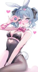 1girl :d @_@ animal_ears black_leotard black_pantyhose blue_eyes blue_hair blush breasts center-flap_bangs clothing_cutout commentary detached_collar donut fake_animal_ears fake_tail food hair_ornament hairband hatsune_miku heart heart_cutout highres holding holding_donut holding_food kabashima_hana leotard necktie open_mouth pantyhose pink_nails pink_necktie playboy_bunny rabbit_ears rabbit_hole_(vocaloid) rabbit_tail single_leg_pantyhose smile solo sprinkles tail teardrop_facial_mark tongue twintails vocaloid white_background white_hairband x_hair_ornament