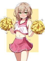 1girl alternate_costume bare_shoulders blush brown_hair cheerleader collarbone colored_eyelashes commentary_request cowboy_shot embarrassed eyes_visible_through_hair full-face_blush green_eyes hair_between_eyes hair_intakes hands_up highres holding holding_pom_poms long_hair looking_at_viewer low_side_ponytail mikuni_sairi miniskirt motion_lines navel open_mouth pleated_skirt pom_pom_(cheerleading) pom_poms raised_eyebrows red_shirt red_skirt sesen2000 shirt simple_background skirt sleeveless sleeveless_shirt solo tenshi_souzou_re-boot! thick_eyebrows tsurime two-tone_background two-tone_shirt w_arms white_background yellow_background