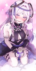 1girl bare_shoulders black_dress black_gloves blush braid breasts citlali_(genshin_impact) cleavage cleavage_cutout clothing_cutout double-parted_bangs dress drink drunk elbow_gloves fingerless_gloves genshin_impact gloves highres holding holding_drink looking_at_viewer open_mouth purple_eyes purple_hair purple_nails saliva sanshoku_dango_(shukosuko) single_elbow_glove sitting sleeveless sleeveless_dress solo twin_braids wariza