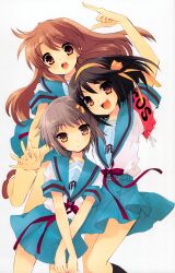 3girls absurdres armband asahina_mikuru black_socks blue_sailor_collar blue_skirt blush bob_cut brown_eyes brown_hair closed_mouth cowboy_shot expressionless grey_hair hairband highres ito_noizi kita_high_school_uniform kneehighs long_hair long_sleeves looking_at_viewer medium_hair miniskirt multiple_girls nagato_yuki open_mouth orange_hair orange_hairband red_armband red_ribbon ribbon sailor_collar school_uniform serafuku short_hair simple_background skirt smile socks standing suzumiya_haruhi suzumiya_haruhi_no_yuuutsu third-party_source white_background winter_uniform