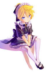 Rule 34 | 1boy, alternate costume, apron, back bow, black dress, blonde hair, blue eyes, bow, crossdressing, dress, enmaided, frilled apron, frilled dress, frills, furrowed brow, gem, hair ornament, harusamesyota, highres, kagamine len, maid, maid apron, maid headdress, male focus, male maid, mary janes, neck ribbon, ponytail, puffy short sleeves, puffy sleeves, ribbon, shadow, shoes, short hair, short ponytail, short sleeves, simple background, sitting, swept bangs, thighhighs, trap, upturned eyes, v arms, vocaloid, waist apron, white apron, white background, white headdress, white thighhighs, wrist cuffs