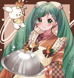 1girl 1other animal_ears apron blush bow brown_kimono chef_hat earrings fork_hair_ornament green_eyes green_hair hair_bow hat hatsune_miku holding holding_ladle holding_plate japanese_clothes jewelry kimono ladle long_hair long_sleeves looking_at_another looking_at_viewer mini_chef_hat official_alternate_costume official_alternate_hairstyle open_mouth plate rabbit_ears rabbit_tail rabbit_yukine smile snowflake_print soup_ladle spoon_hair_ornament tail twintails ume very_long_hair vocaloid white_apron wide_sleeves yuki_miku yuki_miku_(2024)